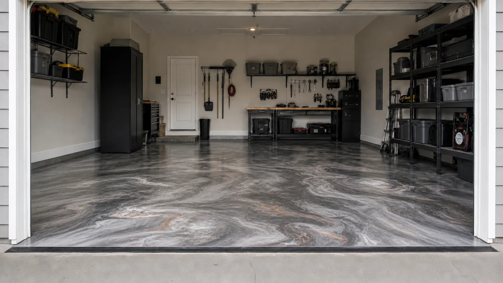 Silver and graphite metallic-swirled two-car garage design visualization